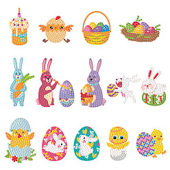 Egg DIY Diamond Painting Sticker Kits, including Self Adhesive Sticker, Resin Rhinestones, Diamond Sticky Pen, Tray Plate and Glue Clay, Mixed Shapes, Easter Theme Pattern, 52~66x39~51mm, 14 patterns, 1pc/pattern, 14pcs