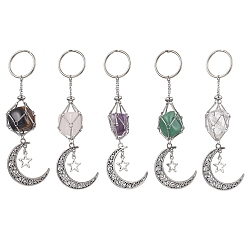 Mixed Stone Nuggets Natural Gemstone Keychains, with Brass Macrame Pouch Stone Holder and Alloy Moon Pendant, 12.1cm