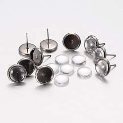 Bronze Diy laiton boucle d'oreille supports cabochon de la lunette et cabochons de verre transparent, sans plomb et sans cadmium, gris anthracite, 12x12mm, pin: 0.7 mm