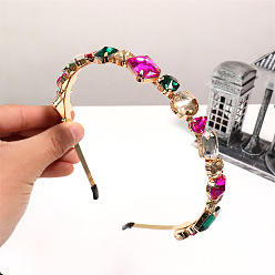 Colorful Glass Rhinestone Hair Bands, Golden Tone Iron Hair Accessories for Women Girls, Colorful, 150x130mm