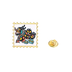 Noir Épingles en émail en alliage de style chinois, broche carrée avec timbre de dragon, noir, 28x28mm