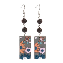 Silver Polymer Clay Dangle Earrings, with Natural Wood Round Beads and 316 Surgical Stainless Steel Earring Hooks, Rectangle with Flower, Silver, 86mm, Pin: 0.8mm