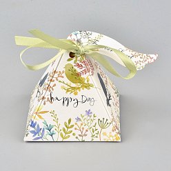 Kaki Clair Boîte d'emballage de bonbons en forme de pyramide, coffret cadeau fête de mariage joyeux jour, avec ruban et carte papier, motif de fleur, kaki clair, 7.5x7.5x7.6 cm, ruban: 43.5~46x0.65~0.75 cm, carte papier: 7.5x2 cm
