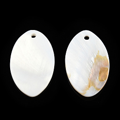 Ivoire Pendentifs de coquillages d'eau douce naturelle, charme ovale, blanc crème, 34x20.5x2~3mm, Trou: 2.5mm