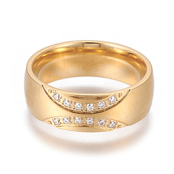 Golden 304 Stainless Steel Finger Rings, with Cubic Zirconia, Wide Band Rings, Clear, Golden, Size 6~9, 16~19mm