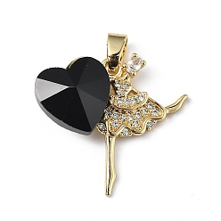 Black Real 18K Gold Plated Rack Plating Brass Micro Pave Clear Cubic Zirconia Pendants, with Glass, Long-Lasting Plated, Cadmium Free & Lead Free, Dancer with Heart Charm, Black, 23x24.5x8.2mm, Hole: 5x3.2mm
