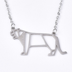 Stainless Steel Color 201 Stainless Steel Pendant Necklaces, with Cable Chains, Tiger, Stainless Steel Color, 17.7 inch(45cm), 2mm, Tiger: 21.5x39x1mm