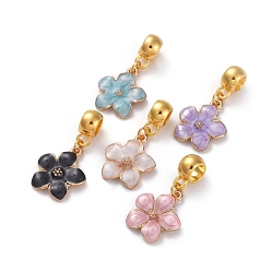 Mixed Color Golden Plated Zinc Alloy European Dangle Charms, Large Hole Pendants, with Enamel, Flower, Mixed Color, 27mm, Hole: 4.5mm, Flower: 16.5x14x2mm