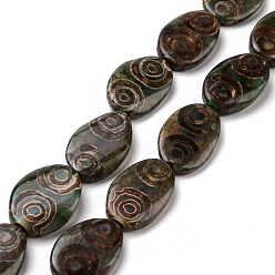 Dark Olive Green Tibetan Style 4-Eye dZi Beads Strands, Natural Agate Beads, Dyed & Heated, Oval, Dark Olive Green, 30~31x17~21x6~8mm, Hole: 2mm, about 10pcs/strand, 13.8 inch