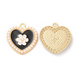 Black Alloy Enamel Pendants, with ABS Plastic Imitation Pearl Bead, Cadmium Free & Nickel Free & Lead Free, Golden, Heart with Flower Charm, Black, 23x21.5x3mm, Hole: 2mm