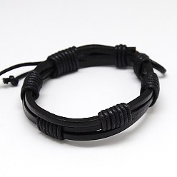 Black Trendy Unisex Casual Style Waxed Cord and Leather Bracelets, Black, 56mm