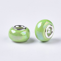 Pale Green Opaque Resin European Beads, Large Hole Beads, Imitation Porcelain, with Platinum Tone Brass Double Cores, AB Color, Rondelle, Pale Green, 14x9mm, Hole: 5mm