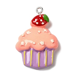 Plum Opaque Resin Imitation Food Pendants, Strawberry Cupcake Charms with Platinum Tone Iron Loops, Plum, 33.5x22.5x7.5mm, Hole: 2mm