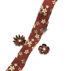 Dark Red Cotton Ribbons, Wave and Gold Tone Flower Pattern, Garment Accessories, Dark Red, 1-5/8 inch(40mm), about 10 yards/roll