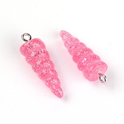Pink Resin Pendants, with Platinum Iron Peg Bail, Glitter Powder, Unicorn Horn, Pink, 29x10x9.5mm, Hole: 1.8mm