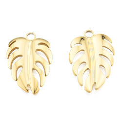 Real 18K Gold Plated Ion Plating(IP) 201 Stainless Steel Pendants, Monstera Leaf, Real 18K Gold Plated, 26.5x18x2mm, Hole: 2.5mm