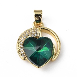 Green Real 18K Gold Plated Rack Plating Brass Micro Pave Clear Cubic Zirconia Pendants, with Glass, Long-Lasting Plated, Cadmium Free & Lead Free, Heart Charm, Green, 21x17.5x8mm, Hole: 5x3mm