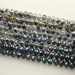 Color mezclado Perlas de vidrio rondelle facetado electrochapado, color mezclado, 6x4 mm, agujero: 1.5 mm, sobre 87~90 unidades / cadena
