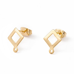 Real 24K Gold Plated 201 Stainless Steel Stud Earring Findings, with 304 Stainless Steel Pins, Horizontal Loops and Ear Nuts, Rhombus, Real 24K Gold Plated, 12x9.5mm, Hole: 1mm, Pin: 0.8mm