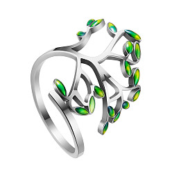 Green SHEGRACE Stainless Steel Cuff Rings, Open Rings, Wide Band Rings, with Enamel, Leafy Branches, Green, US Size 10, Inner Diameter: 20mm