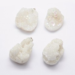 AB Color Plated Electroplated Natural Druzy Crystal Pendants, with Real Platinum Plated Brass Finding, Nuggets, AB Color Plated, 35.5~42x22~33x10~25mm, Hole: 3.5x6mm