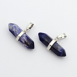 Sodalite Natural Sodalite Double Terminated Pointed Pendants, with Platinum Plated Brass Findings, Bullet, 15.5x30~35x8~9mm, Hole: 5x7.5mm