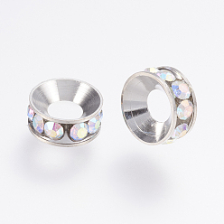 Cristal AB Séparateurs perles en verre avec strass en laiton, plat rond, cristal ab, 9x4mm, Trou: 4mm