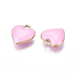 Pink Rack Plating Alloy Enamel Charms, Cadmium Free & Lead Free, Heart, Pink, 13x11x2mm, Hole: 2mm