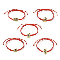 Mixed Patterns Resin Evil Eye Braided Bead Bracelet with Alloy Animal Beaded for Women, Red, Mixed Patterns, Inner Diameter: 2-1/8 inch(5.5cm)