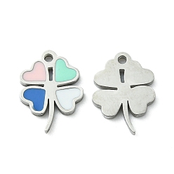 Stainless Steel Color 304 Stainless Steel Manual Polishing Charms, with Enamel, Clover Charm, Stainless Steel Color, 12x9x1mm, Hole: 1.2mm