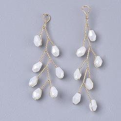 Blanc Fumé Perles de rocaille en verre enroulées de gros pendentifs, avec fils en laiton plaqué or, fumée blanche, 51~55x11~14x3mm, Trou: 2mm