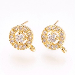 Golden Brass Micro Pave Cubic Zirconia Stud Earring Findings, with Loop, Lead Free & Cadmium Free, Flat Round, Clear, Golden, 10.5x8x3.5mm, Hole: 1mm, Pin:0.6mm
