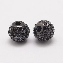 Черный Цвет Металла Латунные микро проложить кубического циркония бусы, круглые, металлический черный , 6x5.5 мм, отверстие : 2 мм
