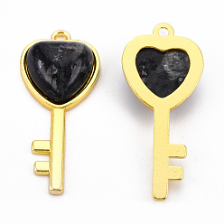 Labradorite Natural Larvikite Pendants, with Light Gold Plated Brass Findings, Key with Heart Charm, 38x17x6.5~7mm, Hole: 1.8mm
