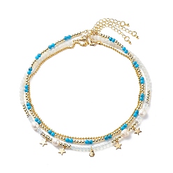 Pierre Mélangete 3 pcs 3 style perle naturelle & pierre de lune blanche & turquoise synthétique & opalite ensemble de colliers de perles, colliers de charmes d'étoiles en coquille de laiton pour femmes, 15.75~16.57 pouce (40~42.1 cm), 1 pc / style