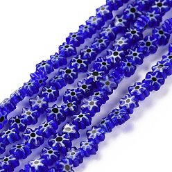 Medium Blue Handmade Millefiori Glass Bead Strands, Flower, Medium Blue, 4~7.2x2.6mm, Hole: 1mm, about 60~69pcs/Strand, 16 inch(40cm)