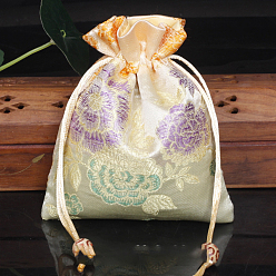 Beige Chinese Style Flower Pattern Satin Jewelry Packing Pouches, Drawstring Gift Bags, Rectangle, Beige, 14x11cm