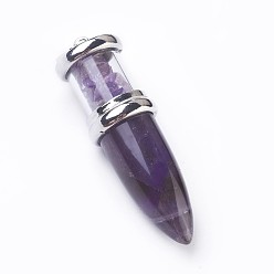 Amethyst Natural Amethyst Big Pendants, with Platinum Tone Brass Findings, Bullet, 50~53x16~17mm, Hole: 5x7~8mm