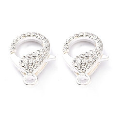 Silver Alloy Rhinestone Lobster Claw Clasps, Crystal, Silver Color Plated, 31x22x7mm, Hole: 3mm