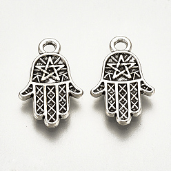 Antique Silver Tibetan Style Alloy Pendants, Hamsa Hand/Hand of Fatima/Hand of Miriam, Cadmium Free & Lead Free,, Antique Silver, 16x10x1.5mm, Hole: 1mm, about 1810pcs/1000g