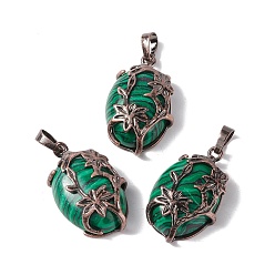 Malachite Synthetic Malachite Pendants, with Red Copper Tone Brass Findings, Cadmium Free & Lead Free, Oval with Flower Charm, 33x20x9mm, Hole: 5x8mm