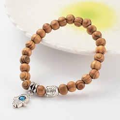 Howlite Wood Beaded Stretch Bracelets, with Natural Gemstone Beads and Alloy Findings, Buddha and Hamsa Hand/Hand of Fatima/Hand of Miriam, 61mm