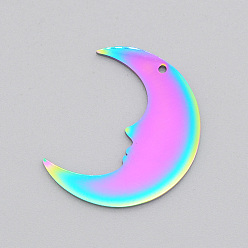 Rainbow Color Ion Plating(IP) 201 Stainless Steel Pendants, Laser Cut, Moon, Rainbow Color, 24x19.5x1mm, Hole: 1mm