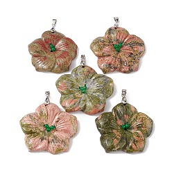 Unakite Gros pendentifs unakite naturelles, charmes de fleur de pêcher, avec bélières en alliage plaqué platine, 57x48x9mm, Trou: 6x4mm