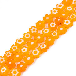 Orange Handmade Millefiori Glass Bead Strands, Plum Bossom, Orange, 6~7x6~8x2.5~3mm, Hole: 1mm, about 63~65pcs/strand, 15.55 inch~15.94 inch(39.5~40.5cm)