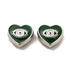 Verde Oscuro Perlas de esmalte de la aleación, corazón con ojo de caballo, Platino, verde oscuro, 9x10x4 mm, agujero: 1.6 mm