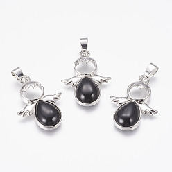 Black Agate Natural Black Agate Pendants, Angel, with Brass Finding, Platinum, 34x25.5x4.5~6.5mm, Hole: 4~5x7mm