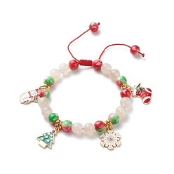 Colorful Christmas Tree & Snowflake & Snowman Charm Bracelet, Round Moonstone & Resin Braided Adjustable Bracelet for Women, Colorful, Inner Diameter: 2~3 inch(5~7.5cm)
