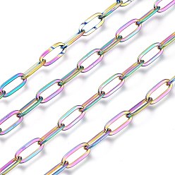 Rainbow Color Ion Plating(IP) 304 Stainless Steel Cable Chains, Paperclip Chains, Drawn Elongated Cable Chains, Soldered, with Spool, Rainbow Color, 9.7x4.2x0.9~1mm, about 32.8 Feet(10m)/roll