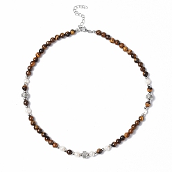 Tiger Eye Natural Tiger Eye & Natural Pearl & Glass Beaded Necklace with 304 Stainless Steel Clasp for Women, 17.52 inch(44.5cm)